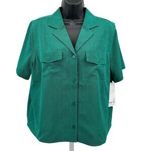 Athleta Echo Top WMNS S Green Striped Button Up Short Sleeve Stretch Breathable